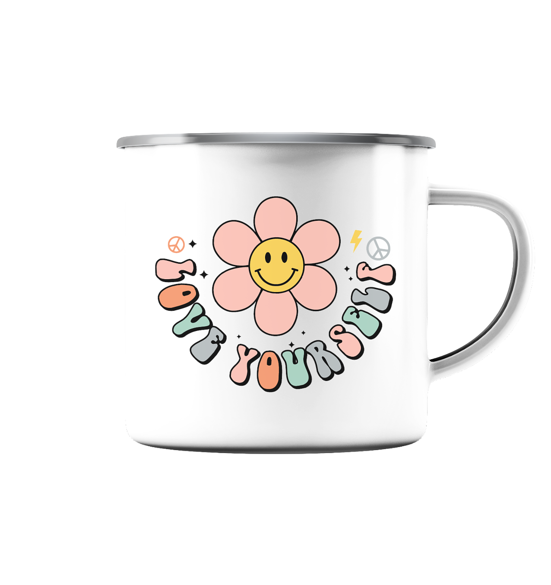 Tasse mit Blume und Spruch